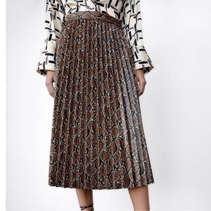 Zara Faux Leather Snake Print Midi Pleated Skirt Small